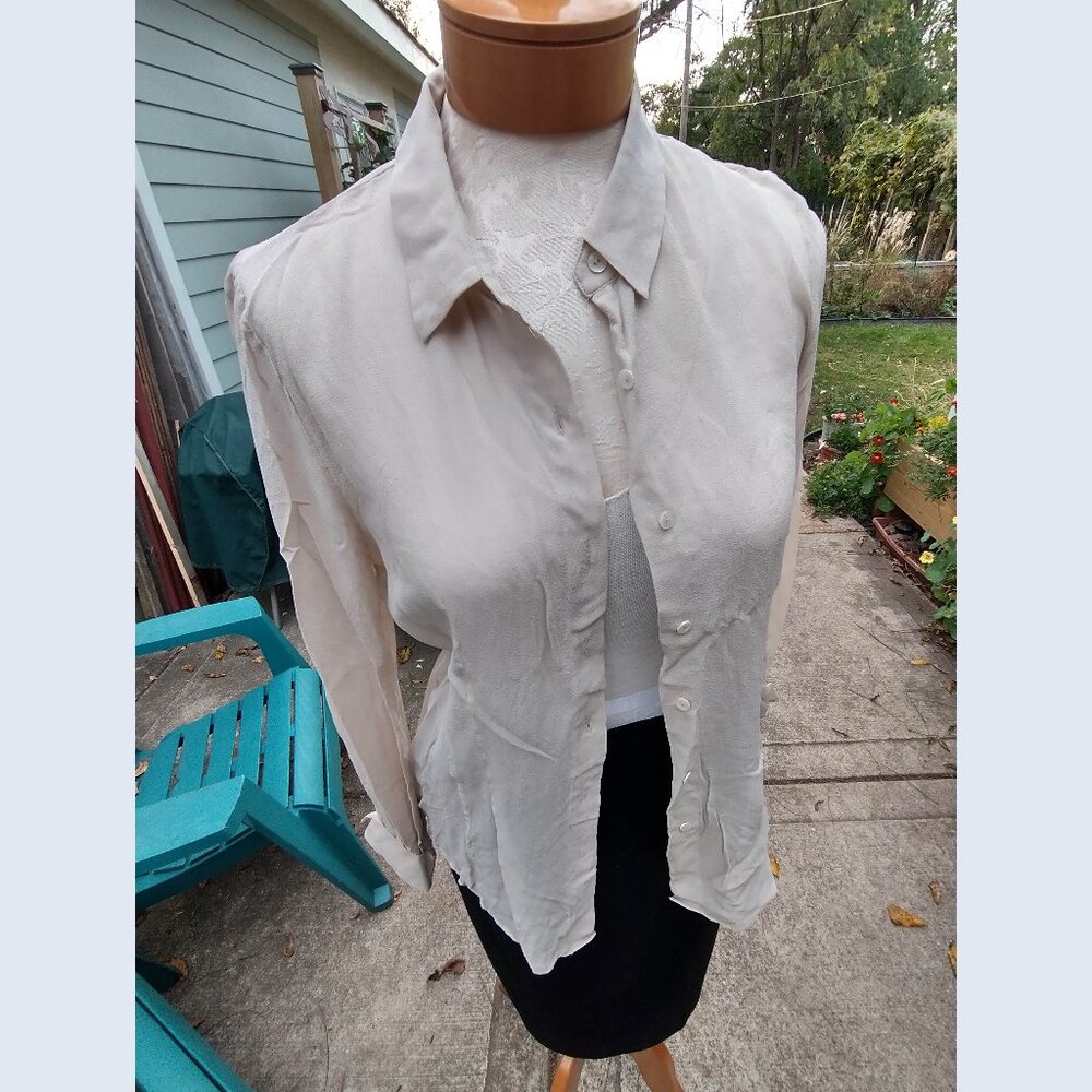 Blouse: Silk, champagne w/fold-over cuff. Size medium - by Theory